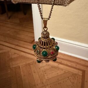 Vintage Florenza  Goldtone Green Red Beaded Pendant with necklace mad men vibe
